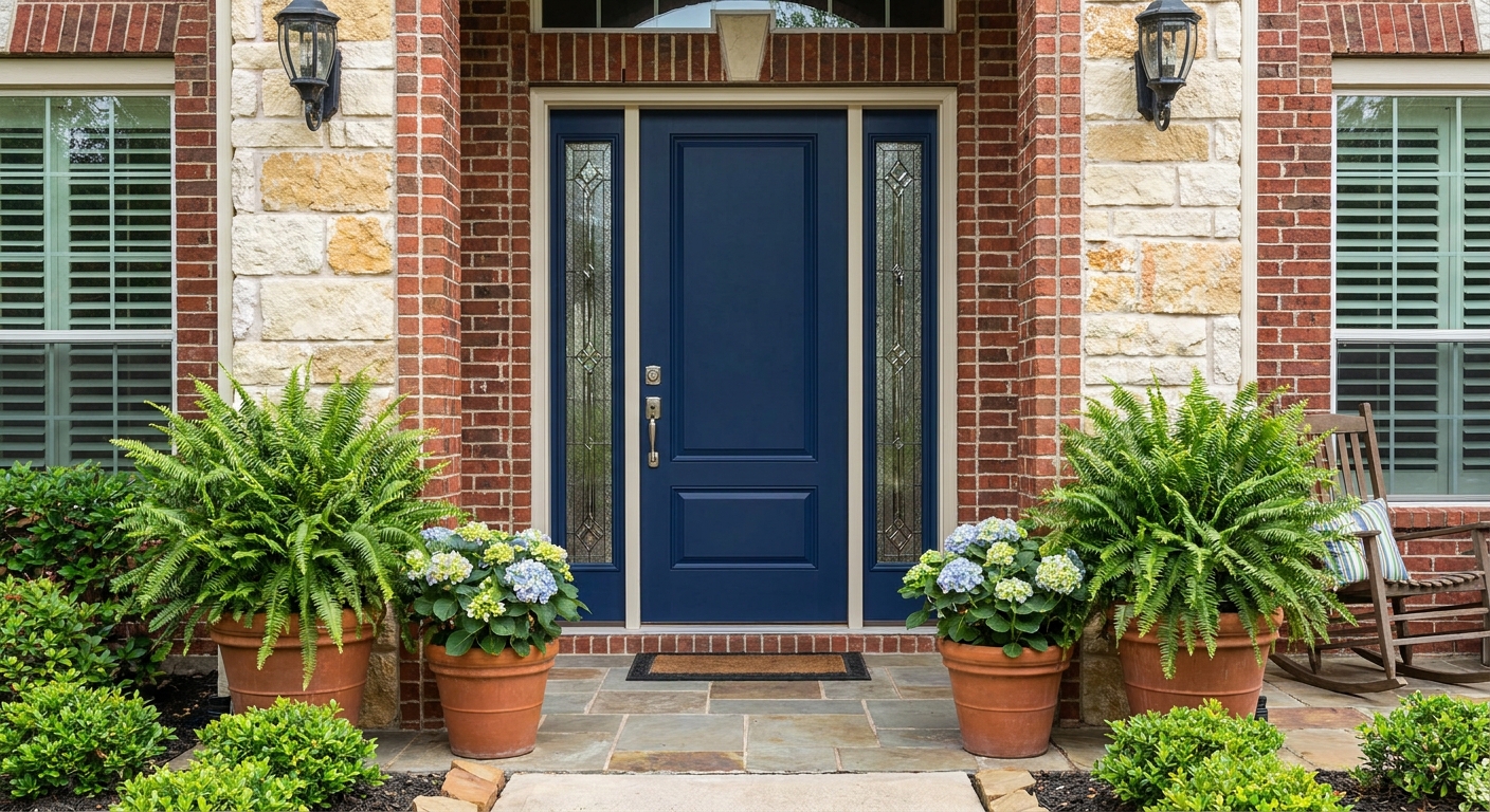 New navy fiberglass front entry door on a Houston home